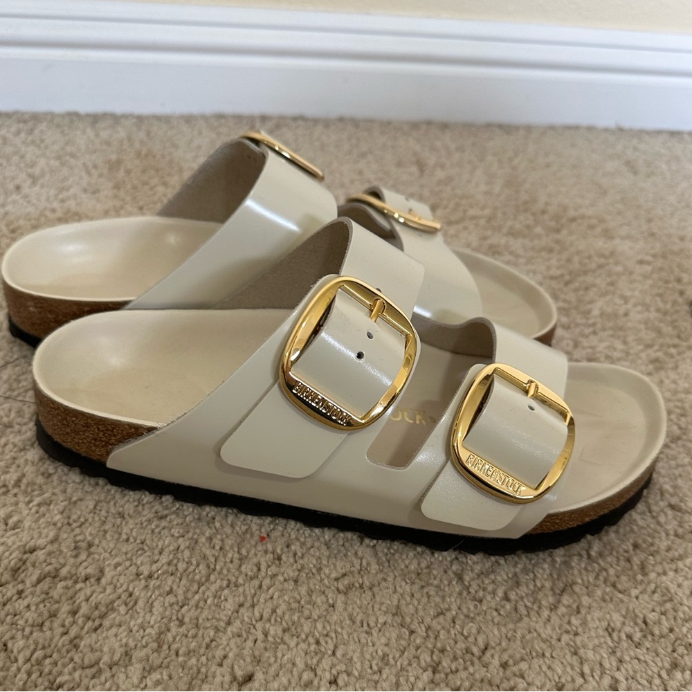 Arizona Birkenstock Sandals, Cream/Ecru, Gold Big Buckle, EUC, 38 EU - Picture 3 of 5